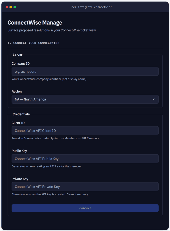 ConnectWise Manage connection form